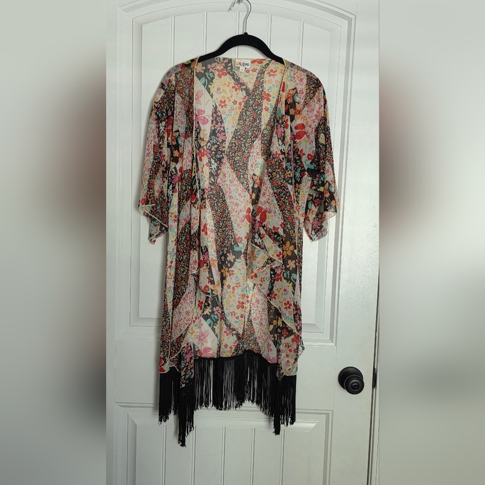 LuLaRoe Monroe Floral Patchwork Fringe Kimono - Black, Pink, Cream, Green